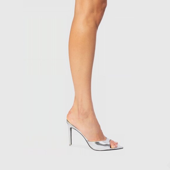 Like new BLACK SUEDE STUDIO Brea Mule in Silver Mirror Metallic high heel open - Picture 3 of 10